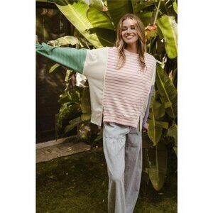 BiBi Exposed Seam Slit Striped Round Neck T-Shirt